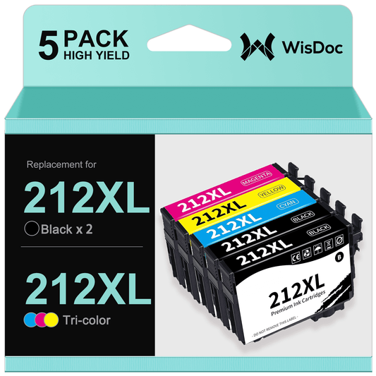 212XL ink cartridge For Epson Workforce WF-2850 WF-2830 Expression Home XP-4100 XP-4105 Printer (Black,Cyan,Magenta,Yellow, 5-Pack)